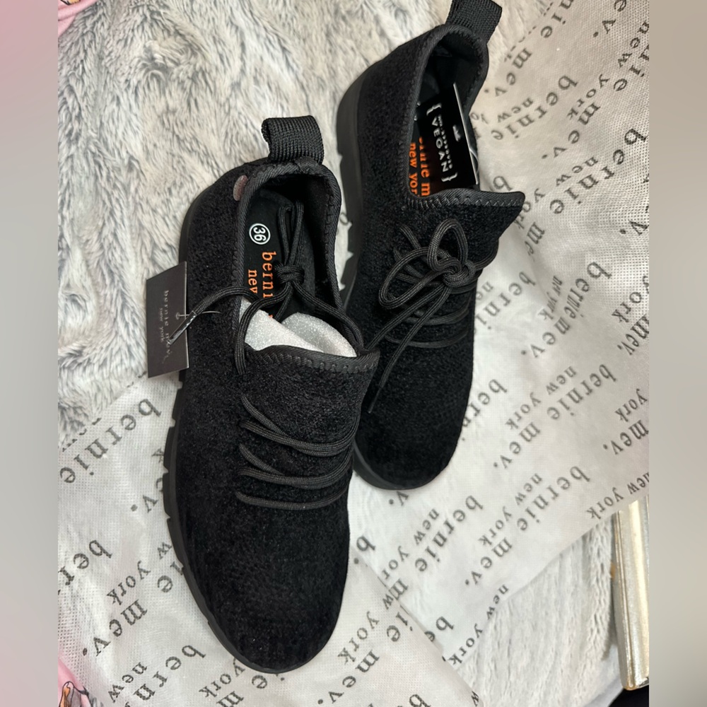bernie mev. Black Knit Slip-On Sneakers with Orange Insole Logo